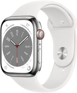 Apple Watch Series 8 (45mm) GPS+4G Edelstahl mit Sportarmband silber/weiß